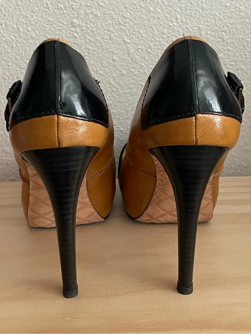 L.A.M.B. Tan and Black Patent Cap-Toe Stiletto Pumps